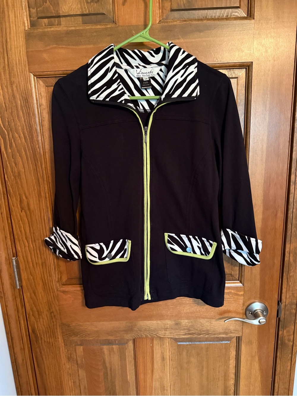 Vincente’ Black Jacket with Zebra Trim and Lime Zip